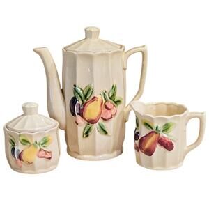 Royal Sealy 50s Japanese Tea Set Plum & Pear Motif Teapot, Sugar, & Creamer